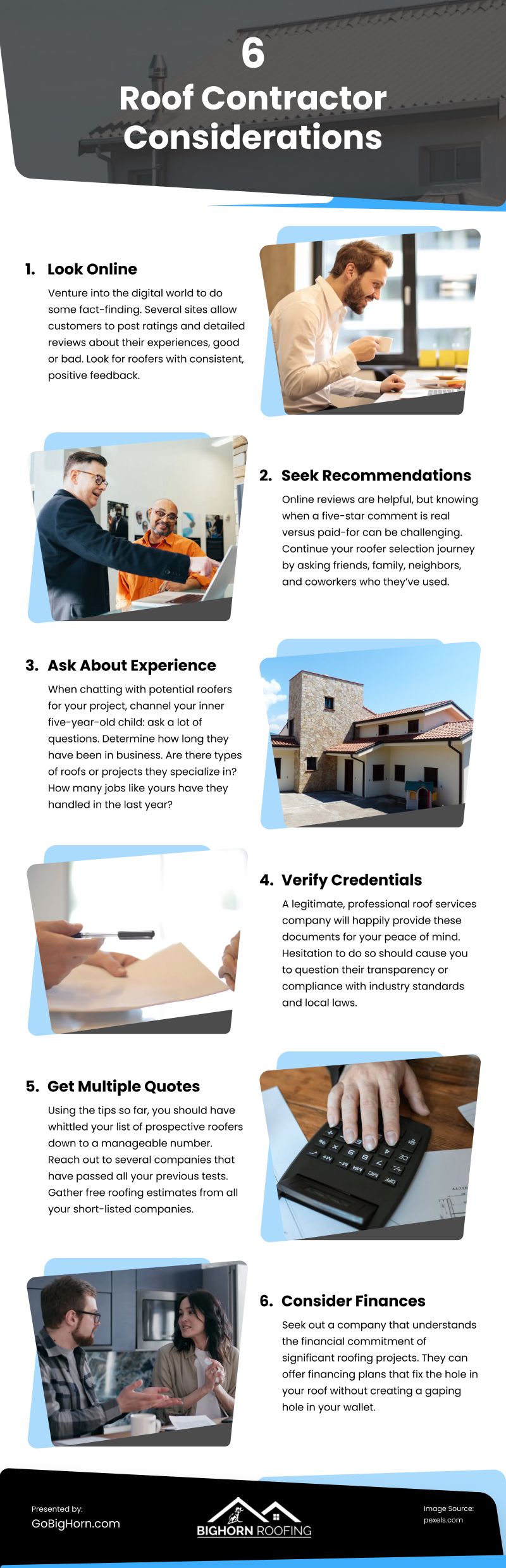 6 Roof Contractor Considerations Infographic